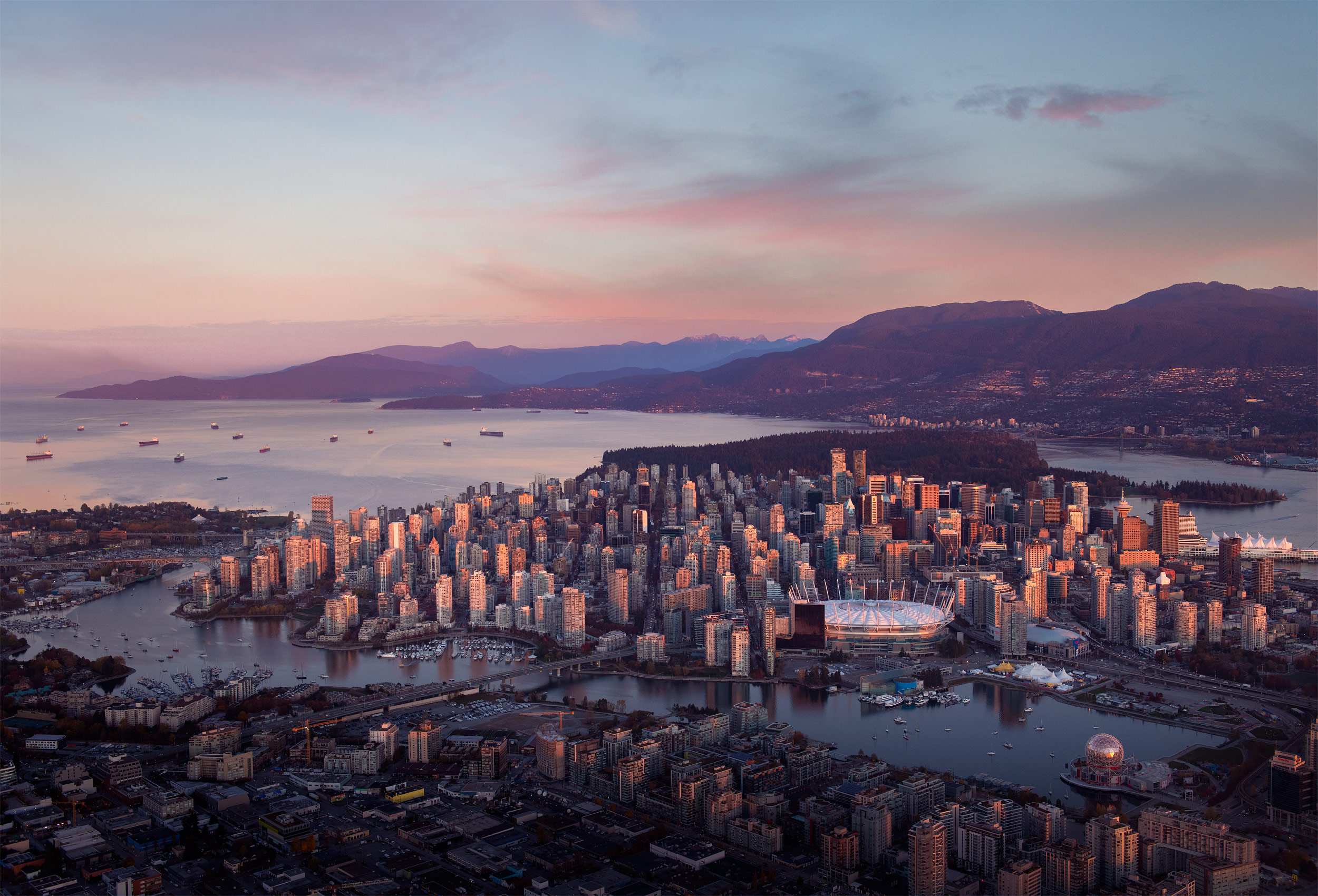 aerial photograph of downtown Vancouver taken at sunrise by aerial photographer Kristopher Grunert
